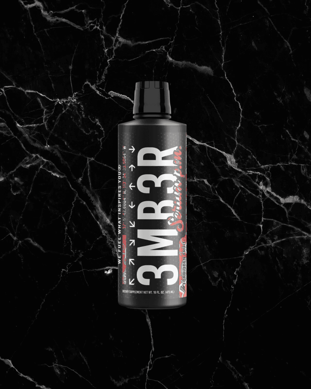 3MBER:SERUM PM - Night-Time Muscle Support | Metabolism Booster in Forbidden Fruit flavor, black bottle with red accents on marble background.
