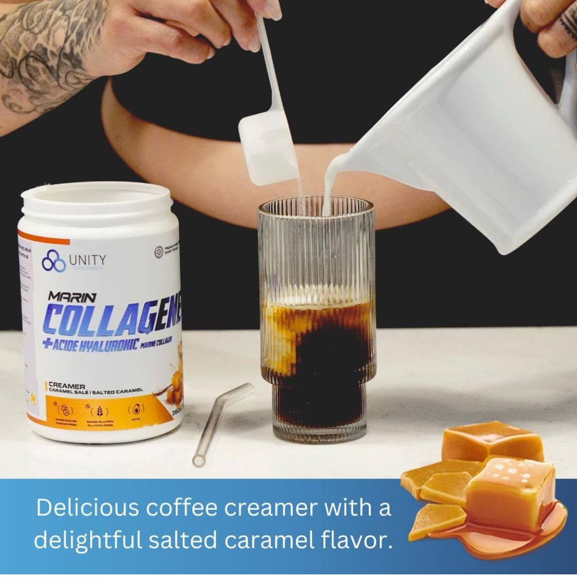 Pouring Unity Marine Collagen into Coffee