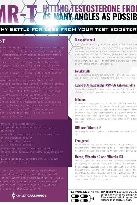 Athletic Alliance MRT supplement benefits and ingredient highlights including D-aspartic acid, Tongkat Ali, and Ashwagandha for muscle gain.