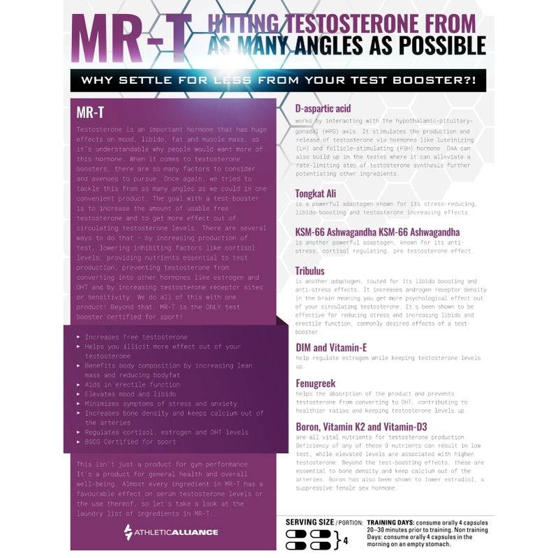 Athletic Alliance MRT supplement benefits and ingredient highlights including D-aspartic acid, Tongkat Ali, and Ashwagandha for muscle gain.