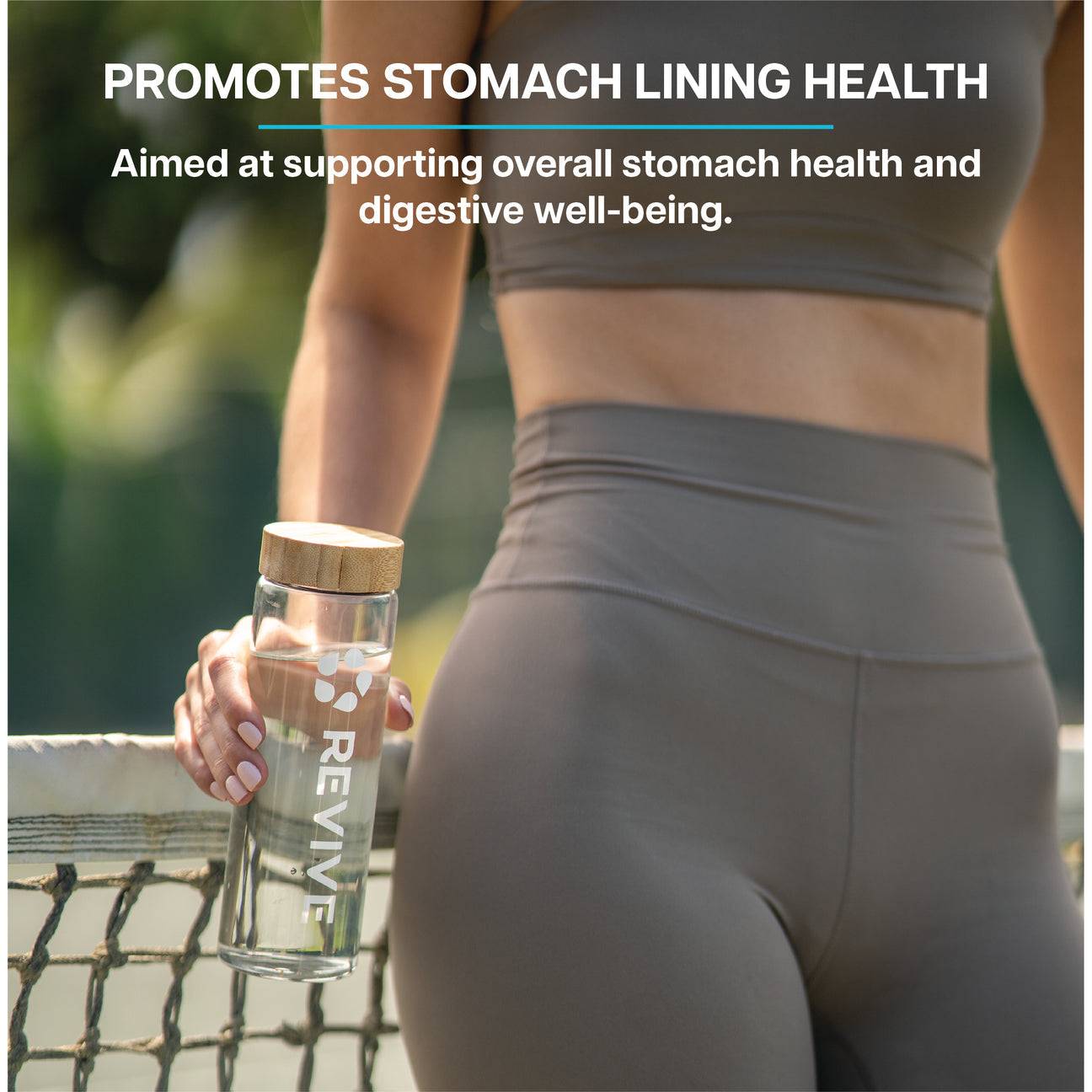 Active woman holding a Revive water bottle, emphasizing Revive Zinc Carnosine's support for stomach lining and digestive well-being.