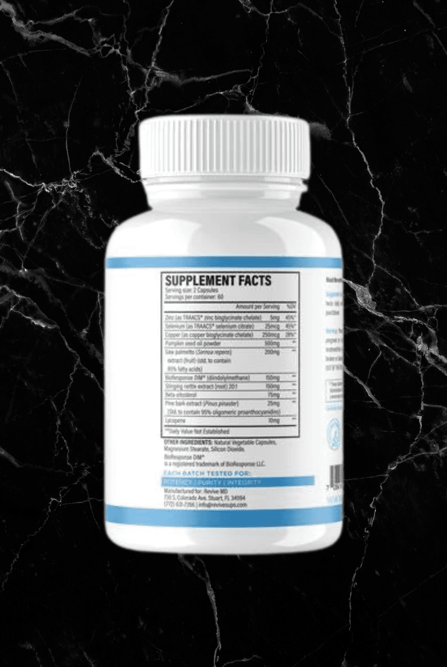 Back label of Revive Prostate Health Supplement showing supplement facts and ingredients like saw palmetto and BioResponse DIM.
