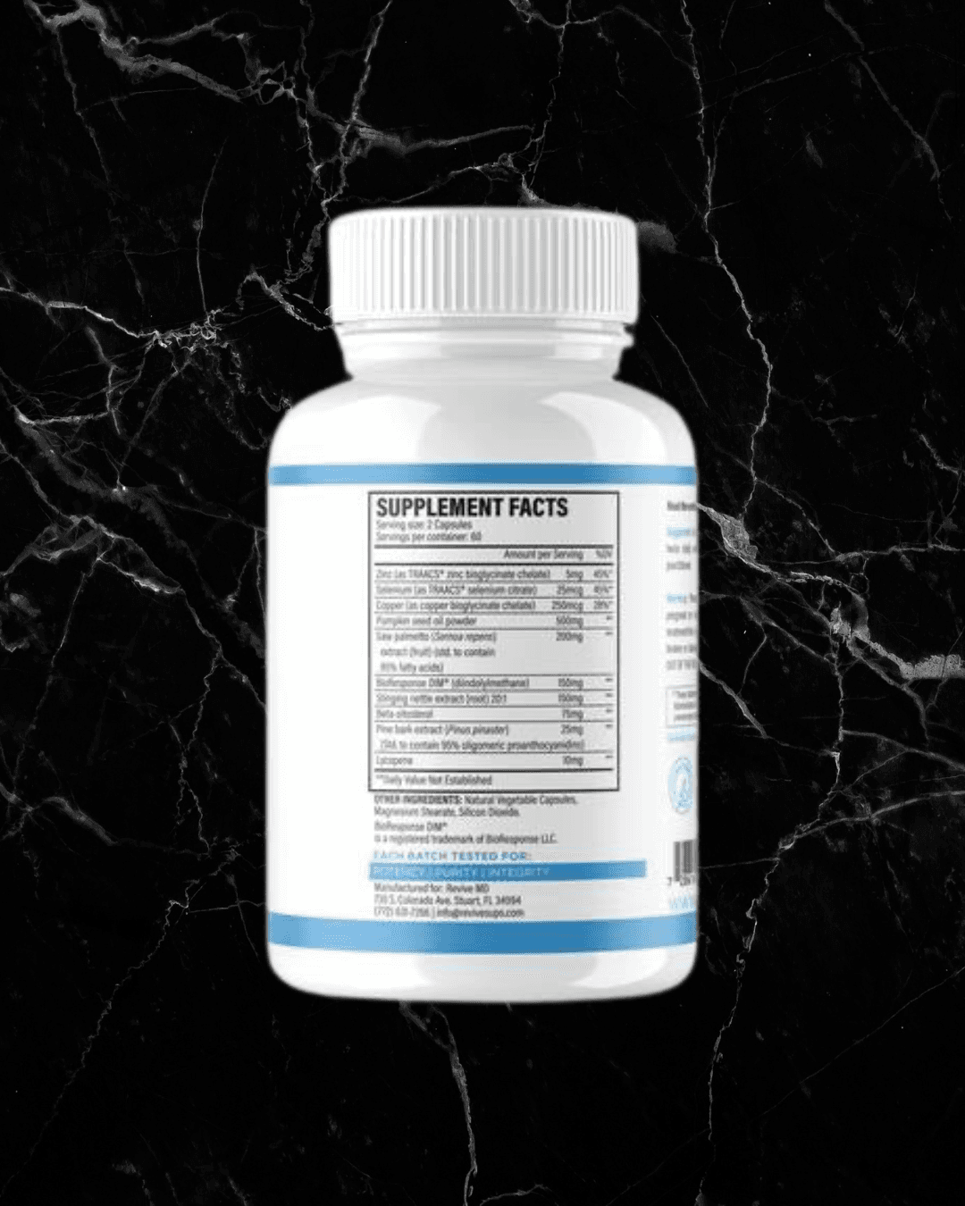 Back label of Revive Prostate Health Supplement showing supplement facts and ingredients like saw palmetto and BioResponse DIM.