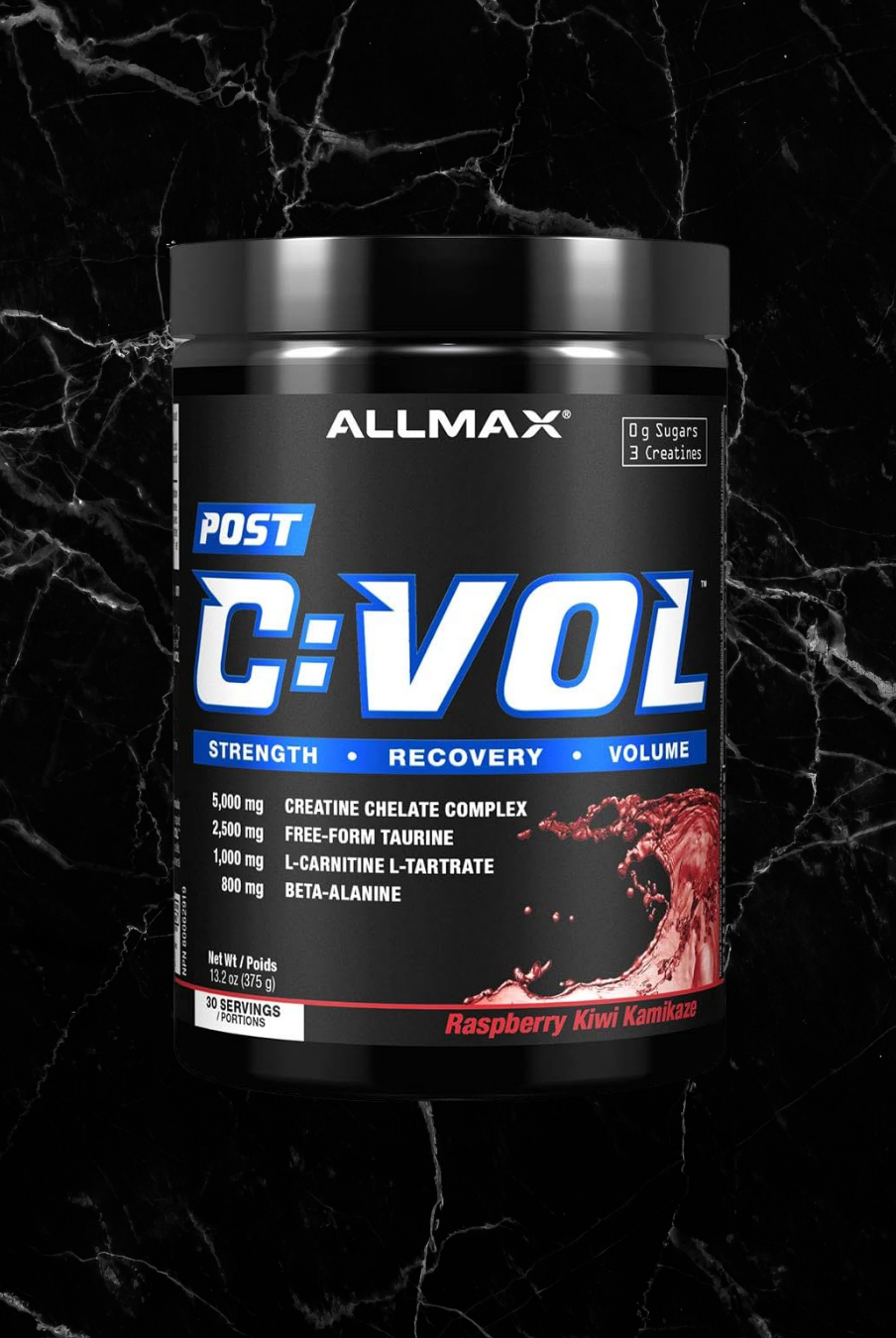 ALLMAX C:VOL Kiwi Kamikaze post-workout recovery drink with creatine chelate complex for muscle strength and volume. Sugar-free raspberry kiwi flavor.