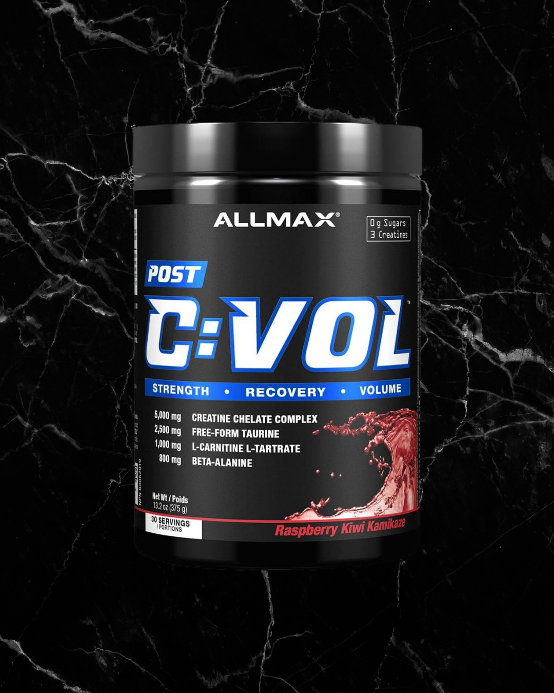 ALLMAX C:VOL Kiwi Kamikaze post-workout recovery drink with creatine chelate complex for muscle strength and volume. Sugar-free raspberry kiwi flavor.