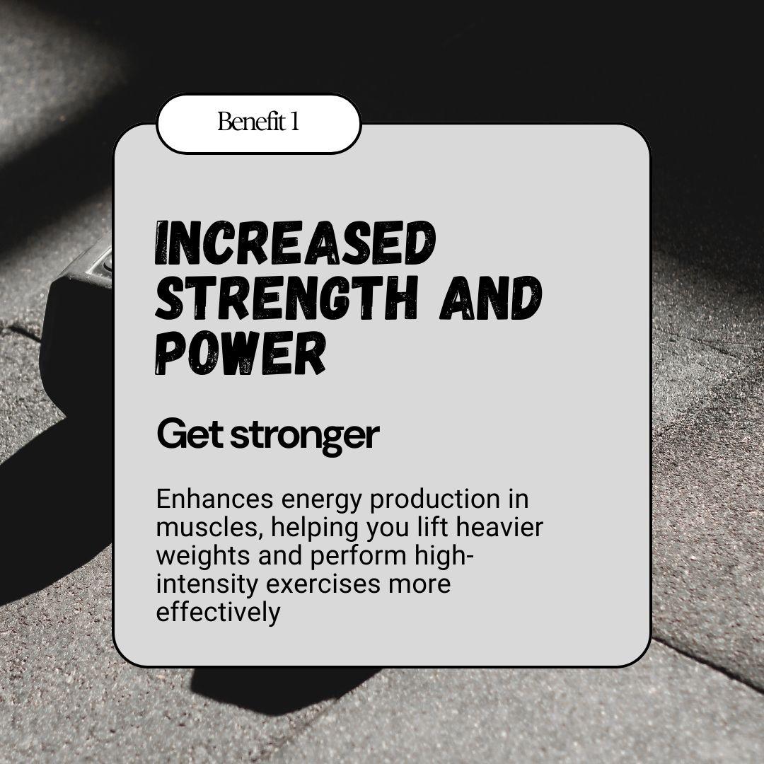 Benefit card for BulkBully Strawberry Creatine Gummies showing increased strength and power for enhanced workout performance.