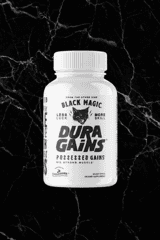 Dura Gains Anabolic Activator by Black Magic in a white bottle, designed to boost strength and endurance for fitness performance.