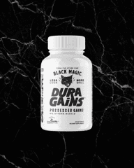 Dura Gains Anabolic Activator by Black Magic in a white bottle, designed to boost strength and endurance for fitness performance.