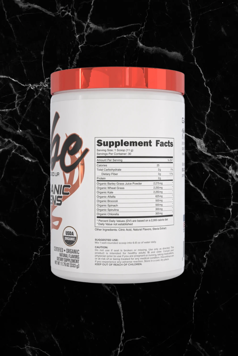 Supplement facts panel of Babe Organic Greens Powder - Orange Sunrise, listing ingredients like barley grass, kale, and spirulina for nutritional insight.