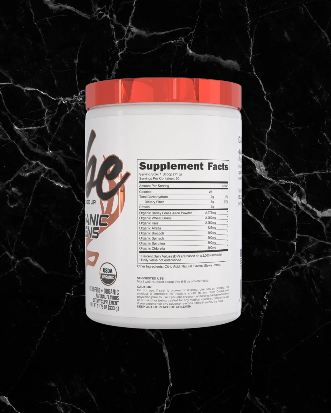 Supplement facts panel of Babe Organic Greens Powder - Orange Sunrise, listing ingredients like barley grass, kale, and spirulina for nutritional insight.