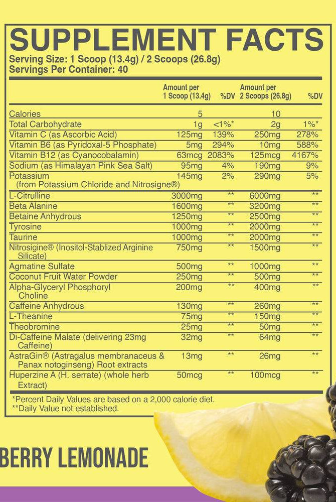Supplement facts for Blackberry Lemonade CBUM Thavage Pre Workout. Shows detailed nutritional content and active ingredients.
