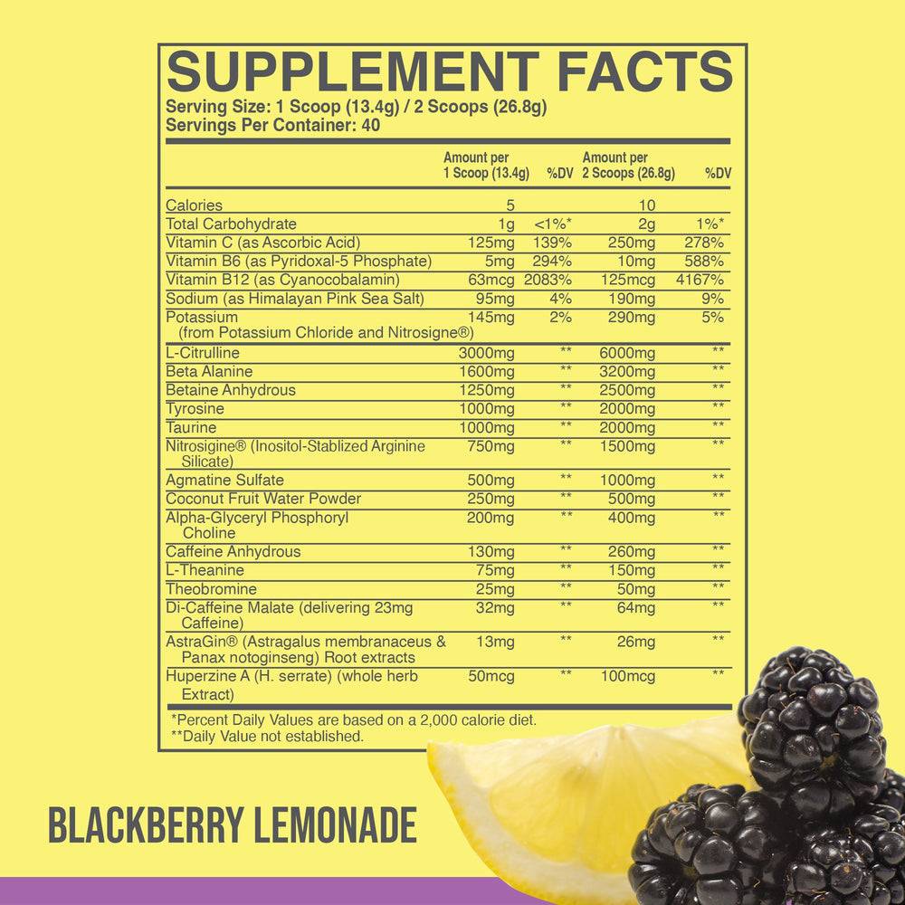 Supplement facts for Blackberry Lemonade CBUM Thavage Pre Workout. Shows detailed nutritional content and active ingredients.