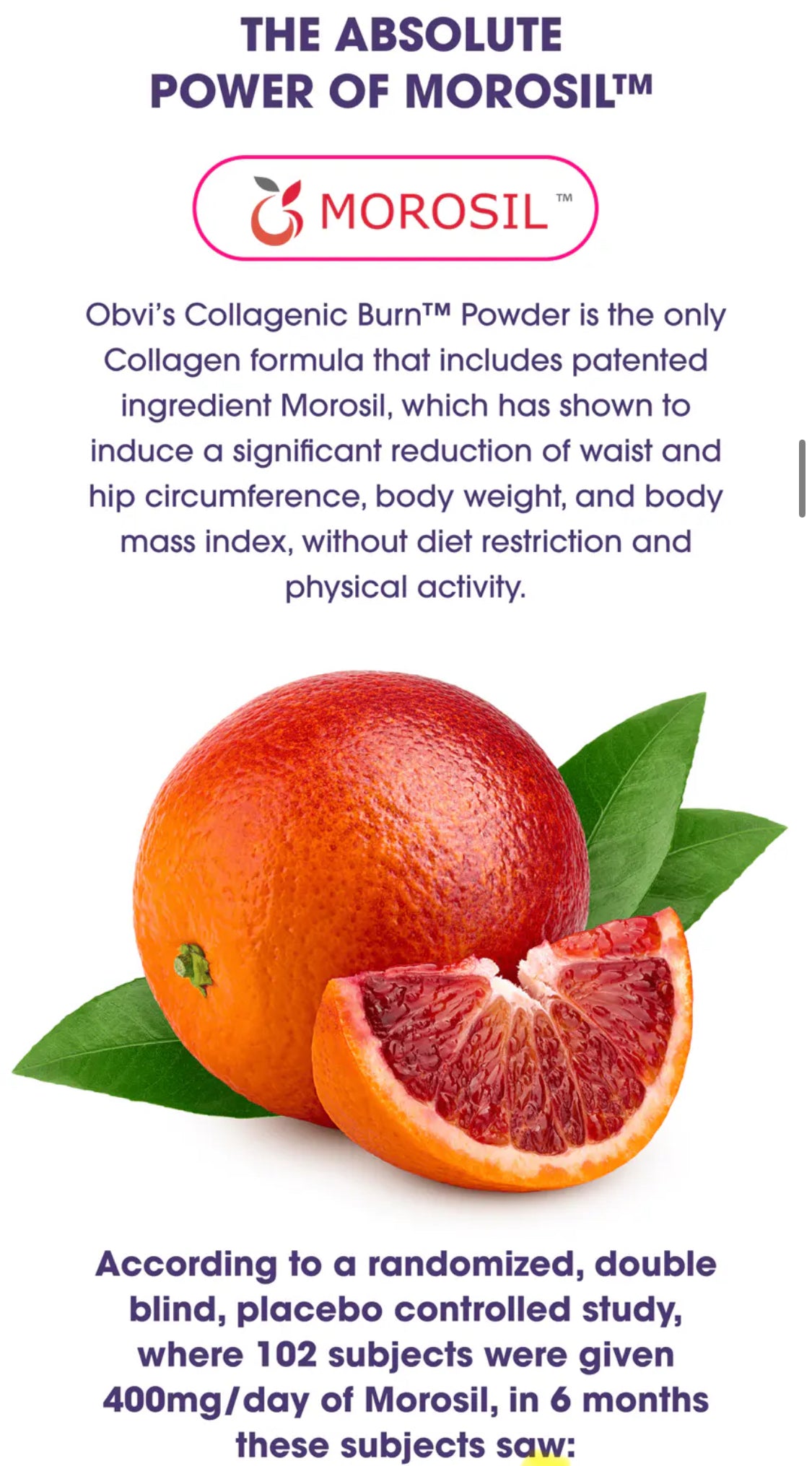 Obvi Collagenic Burn Powder featuring Morosil, a patented blood orange extract clinically shown to reduce waist, hip, and body weight metrics.