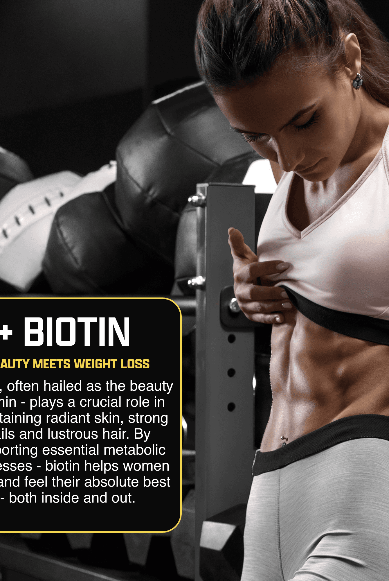 Nutrex Lipo6 HERS Ultra promotional image featuring a fit woman and biotin benefits for weight loss, hair, skin, and nails.