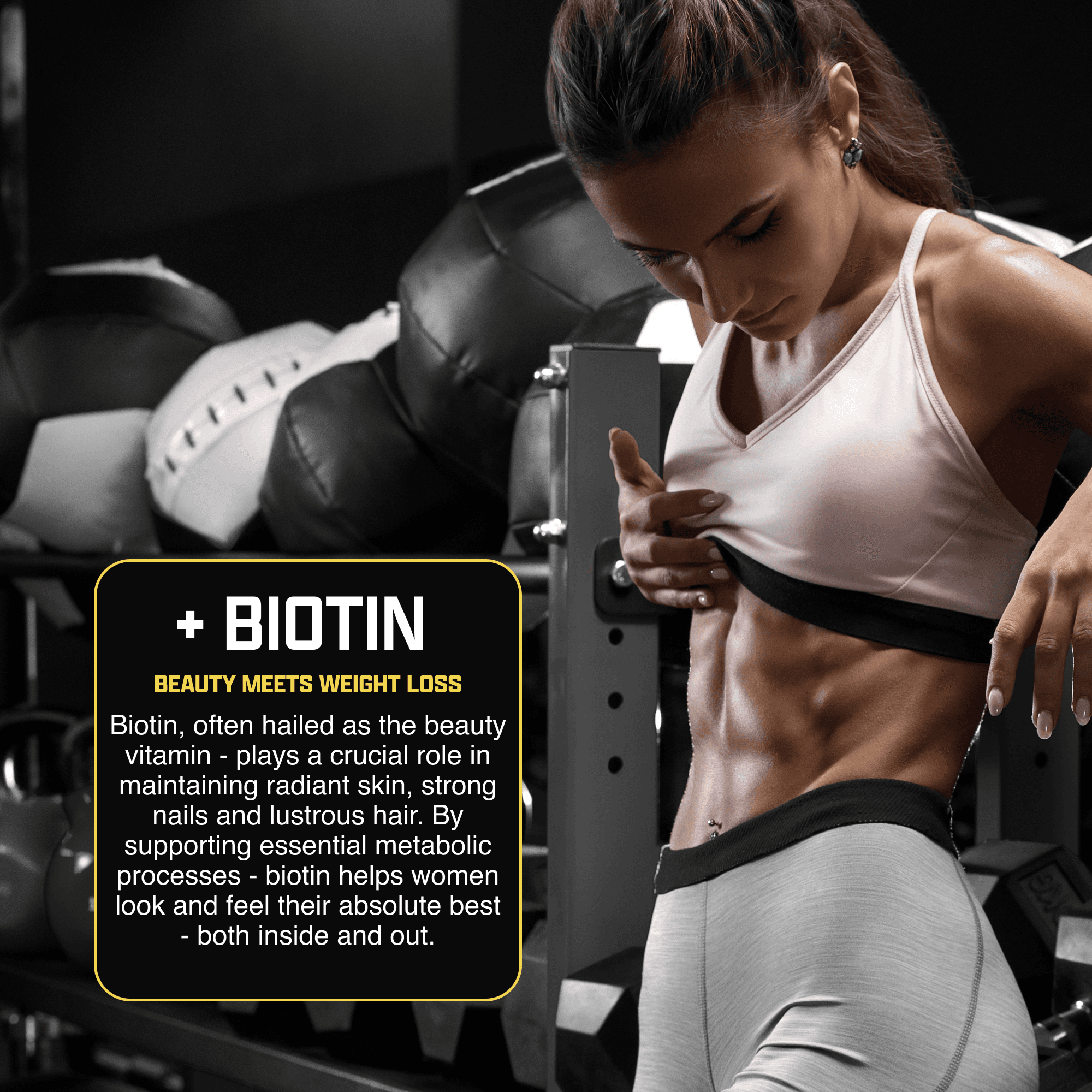 Nutrex Lipo6 HERS Ultra promotional image featuring a fit woman and biotin benefits for weight loss, hair, skin, and nails.