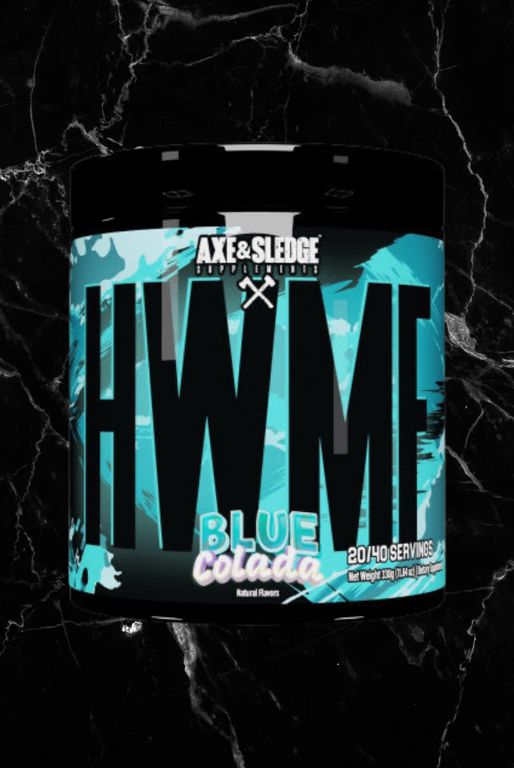 Axe & Sledge HWMF Pre Workout Blue Colada flavor with 400mg caffeine, 6g L-Citrulline, and 2.5g Betaine for high stim energy and focus support.
