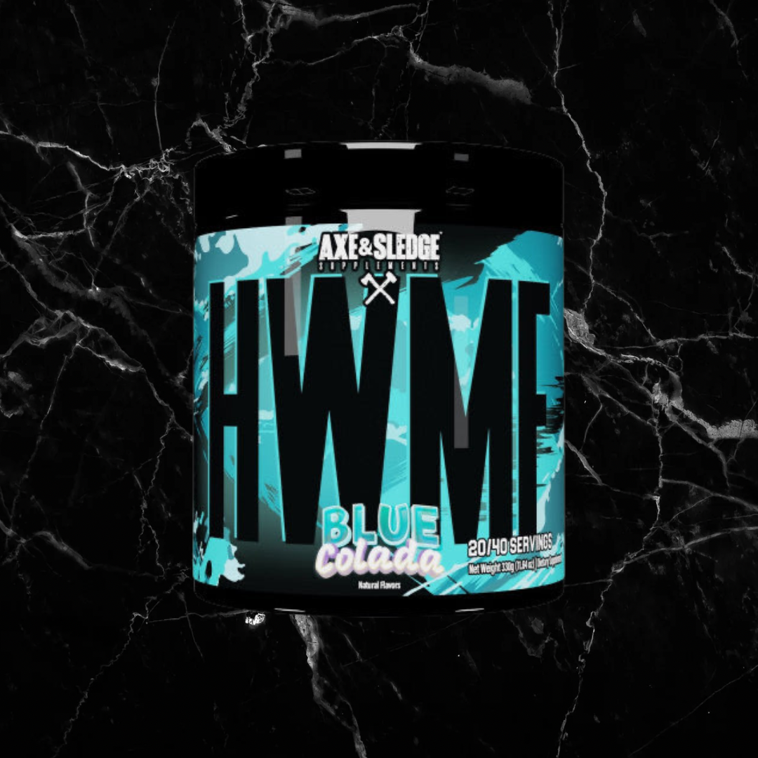 Axe & Sledge HWMF Pre Workout Blue Colada flavor with 400mg caffeine, 6g L-Citrulline, and 2.5g Betaine for high stim energy and focus support.