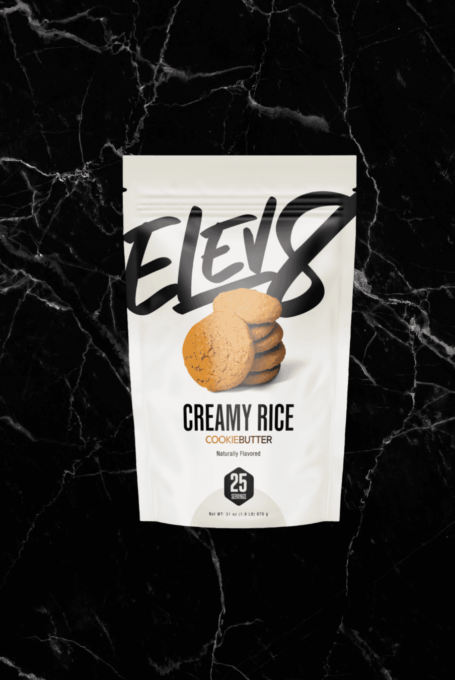ELEV8 Creamy Rice Cookie Butter flavor, a smooth-textured, easy-digesting energy supplement for fitness and nutrition support.