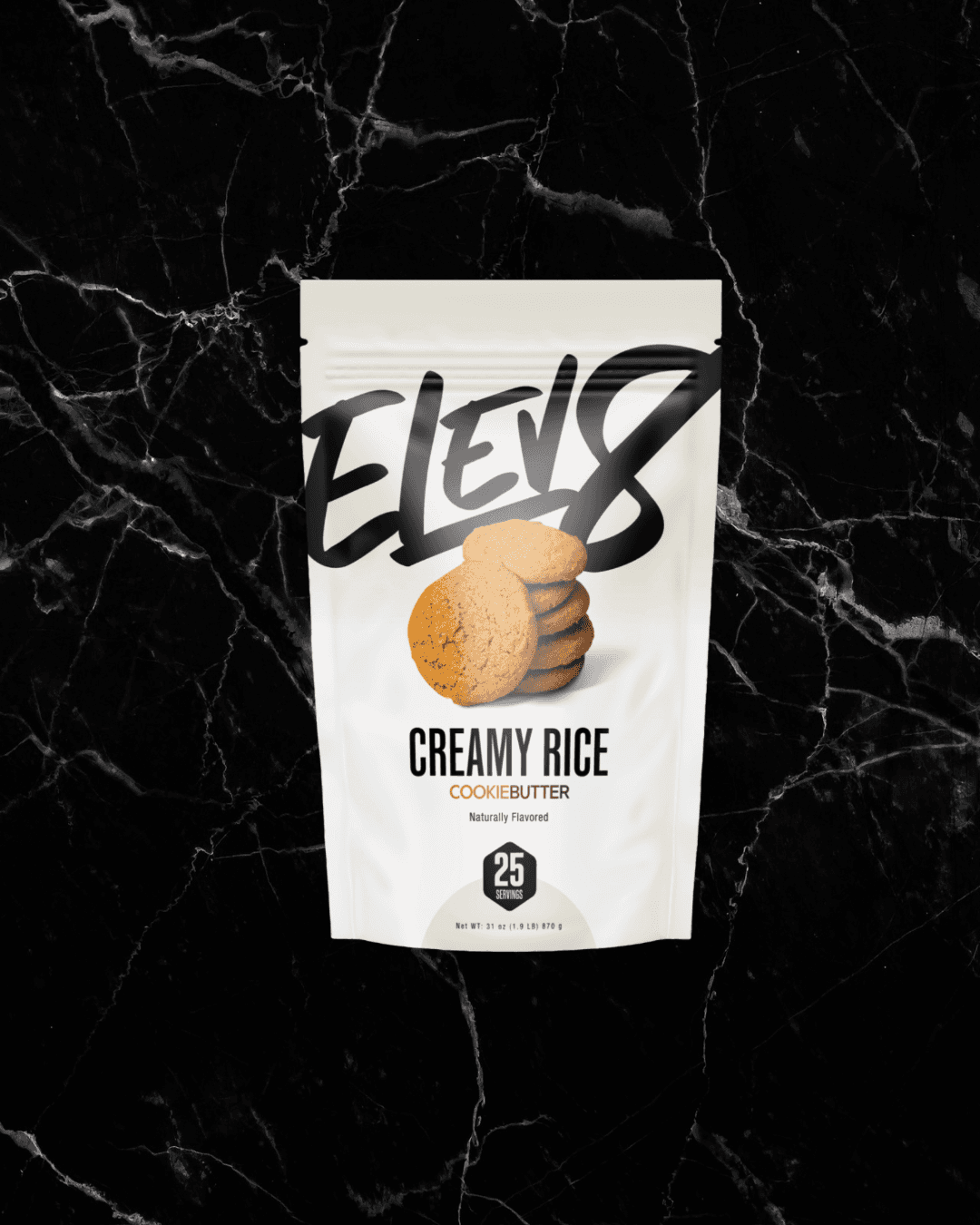 ELEV8 Creamy Rice Cookie Butter flavor, a smooth-textured, easy-digesting energy supplement for fitness and nutrition support.