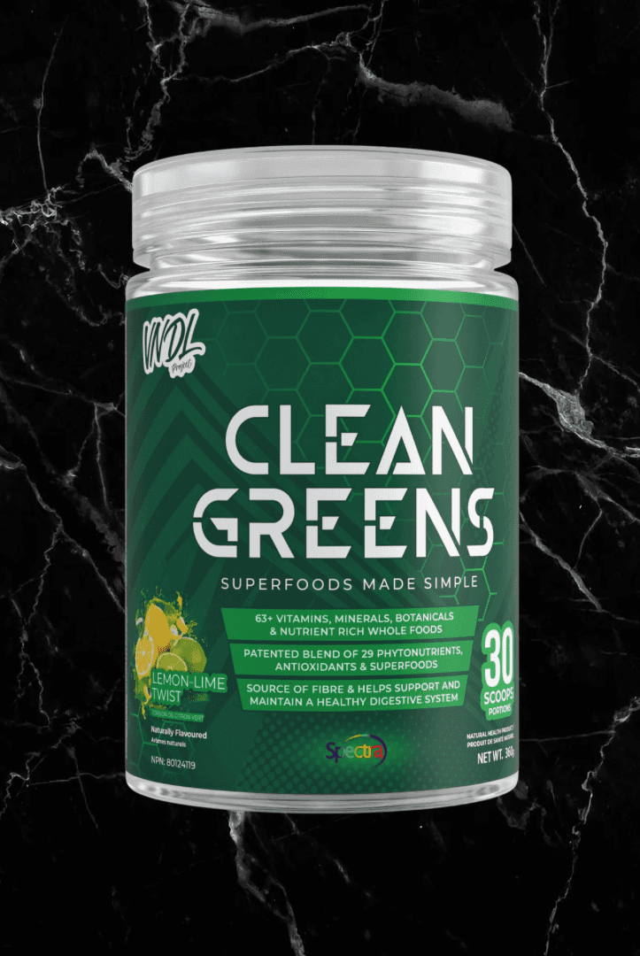 VNDL Clean Greens Lemon Lime Twist flavor greens supplement featuring 63 vitamins and superfoods for digestion and energy. 30 servings.
