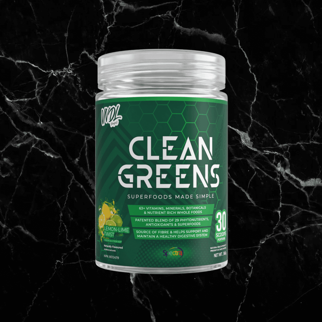 VNDL Clean Greens Lemon Lime Twist flavor greens supplement featuring 63 vitamins and superfoods for digestion and energy. 30 servings.