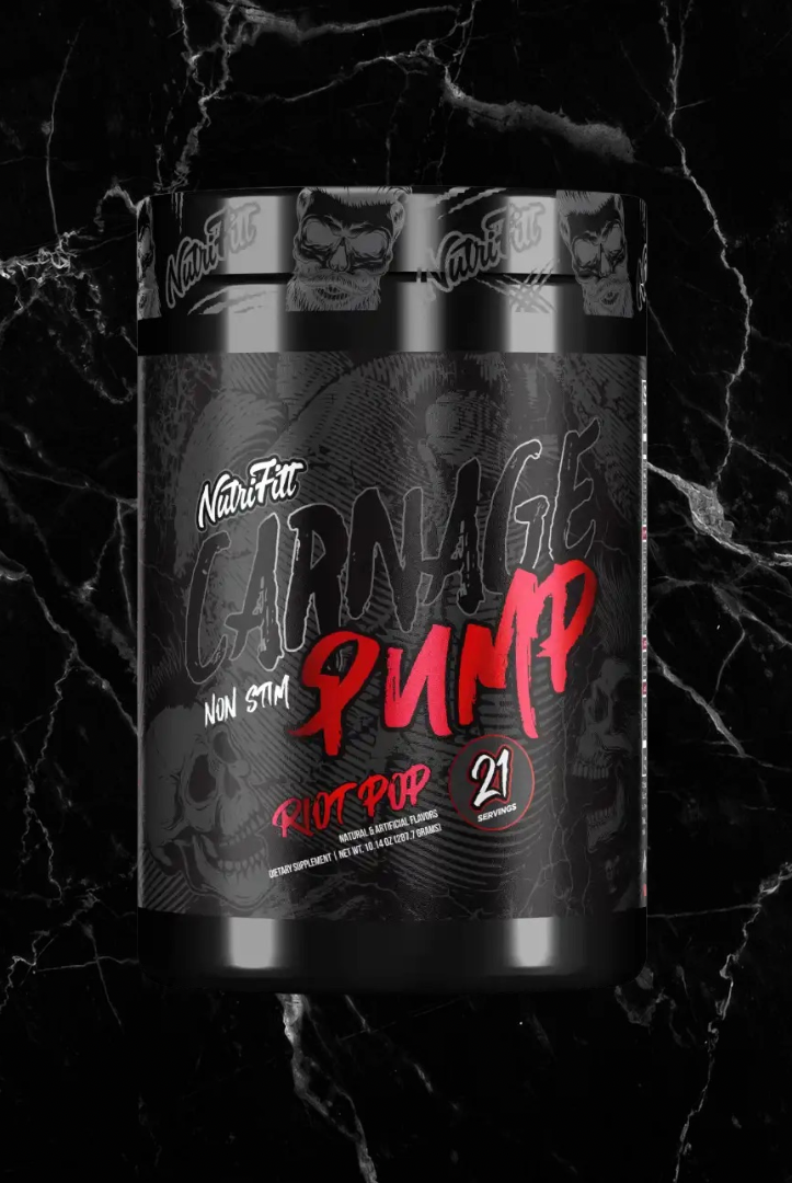 Nutrifitt Pump Carnage Non-Stim Formula in Riot Pop flavor, a stim-free pre-workout for enhanced blood flow and lean muscle support.