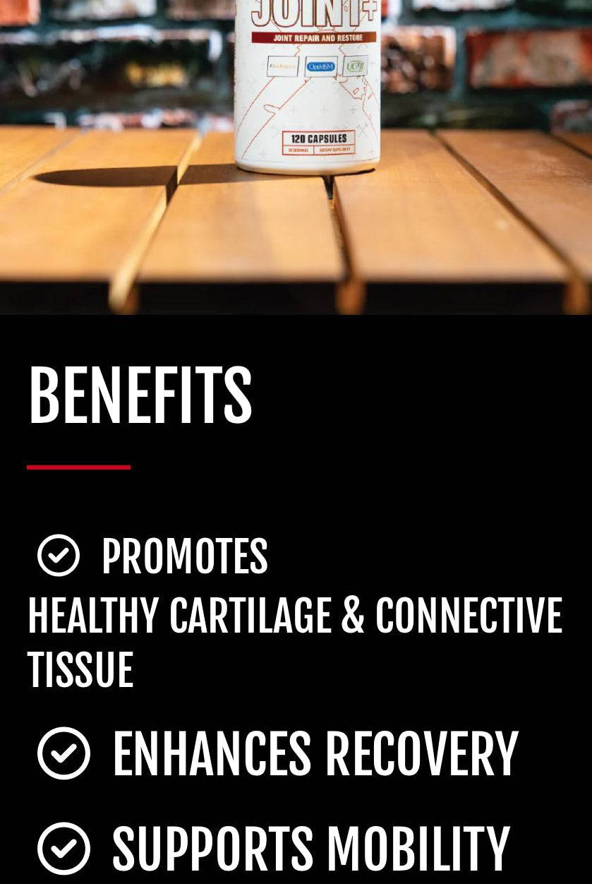 Axe & Sledge Joint+ supplement bottle on a wooden table with benefits listed including joint discomfort relief, mobility, and connective tissue support.