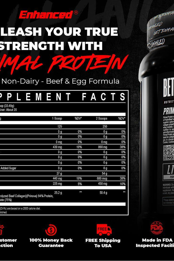 Supplement facts panel for Primal Protein Beef & Egg by Enhanced Labs, detailing nutritional content and product guarantees like FDA-inspected facility.