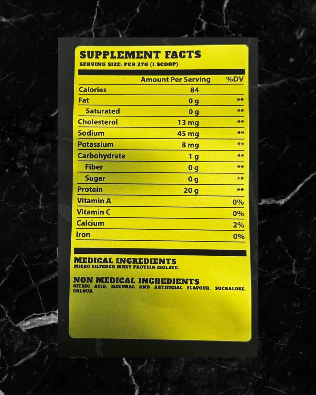 Supplement facts label of BulkBully Clear ISO Protein Powder showing 20g protein, 84 calories, 0 fat, and no sugar per serving.