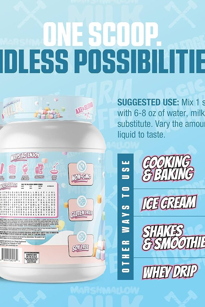 Farm Fed Protein - Pure Isolate Powerhouse in Marshmallow Milk flavor, featuring 25g protein per scoop, low carb, non-GMO, and gluten-free.