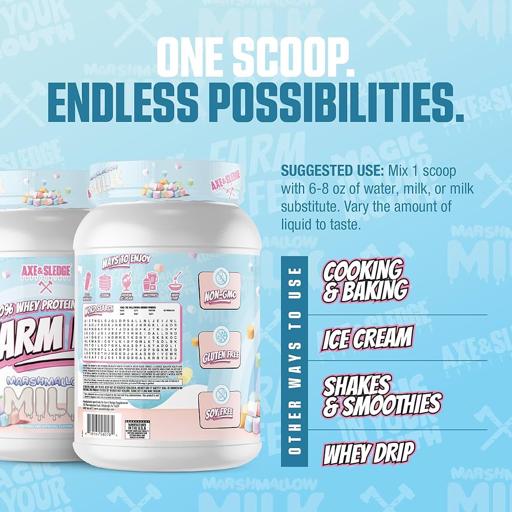 Farm Fed Protein - Pure Isolate Powerhouse in Marshmallow Milk flavor, featuring 25g protein per scoop, low carb, non-GMO, and gluten-free.