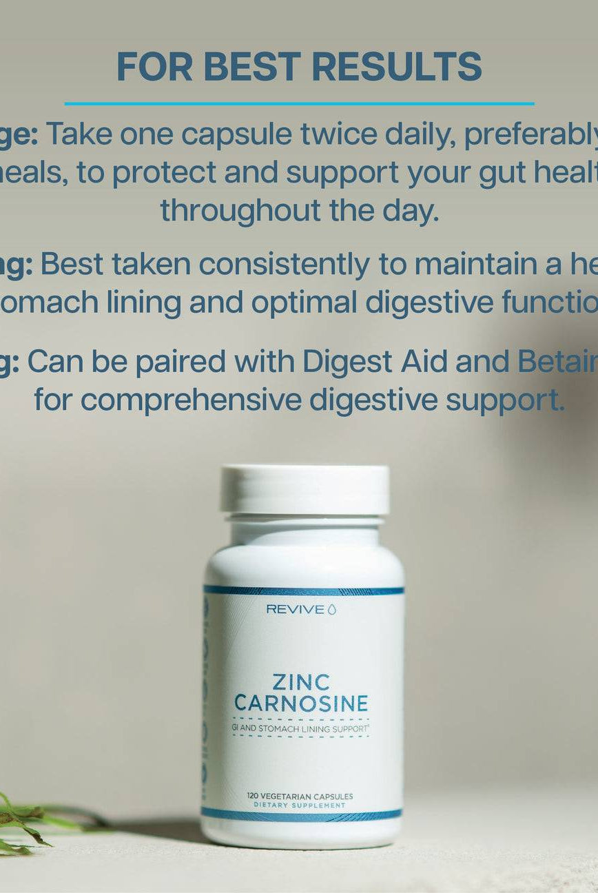 Revive Zinc Carnosine bottle on a table with usage instructions for optimal gut health, including dosage, timing, and pairing suggestions.