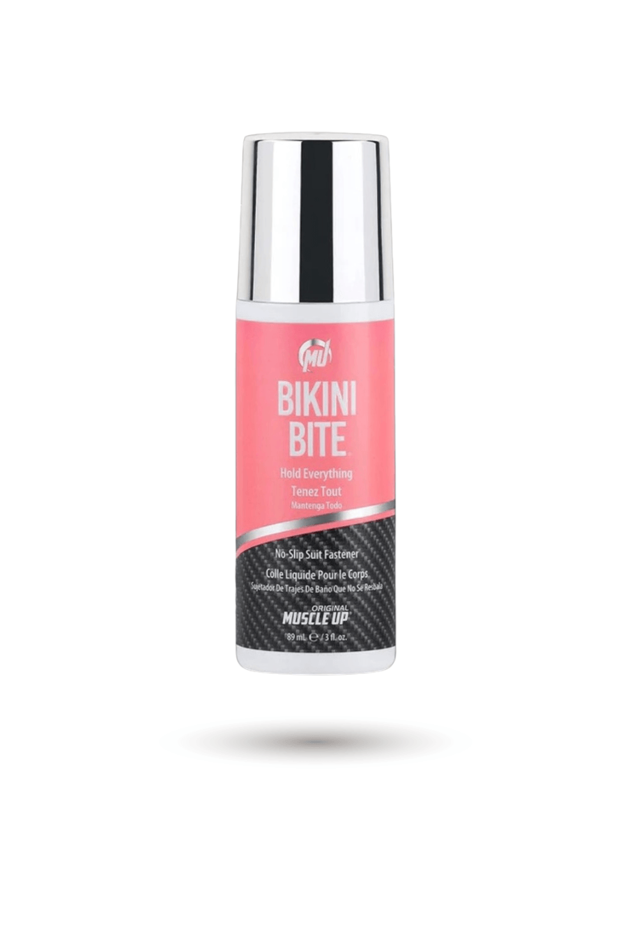 Pro Tan Bikini Bite - Bikini No Slip Fastener with gentle hold in a sleek pink and silver bottle, ideal for fitness competitions and all-day wear.