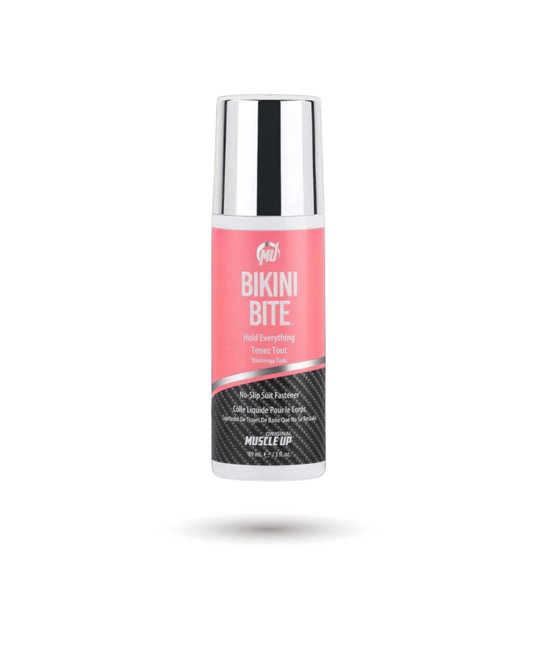 Pro Tan Bikini Bite - Bikini No Slip Fastener with gentle hold in a sleek pink and silver bottle, ideal for fitness competitions and all-day wear.