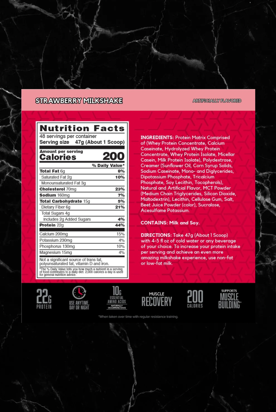 BSN SYNTHA-6 Strawberry Milkshake nutrition label showing 22g protein, 200 calories, and detailed ingredients for fitness nutrition.