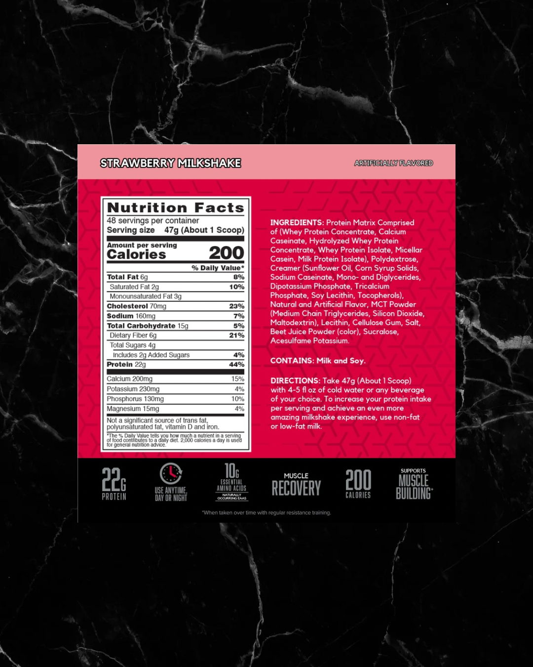 BSN SYNTHA-6 Strawberry Milkshake nutrition label showing 22g protein, 200 calories, and detailed ingredients for fitness nutrition.