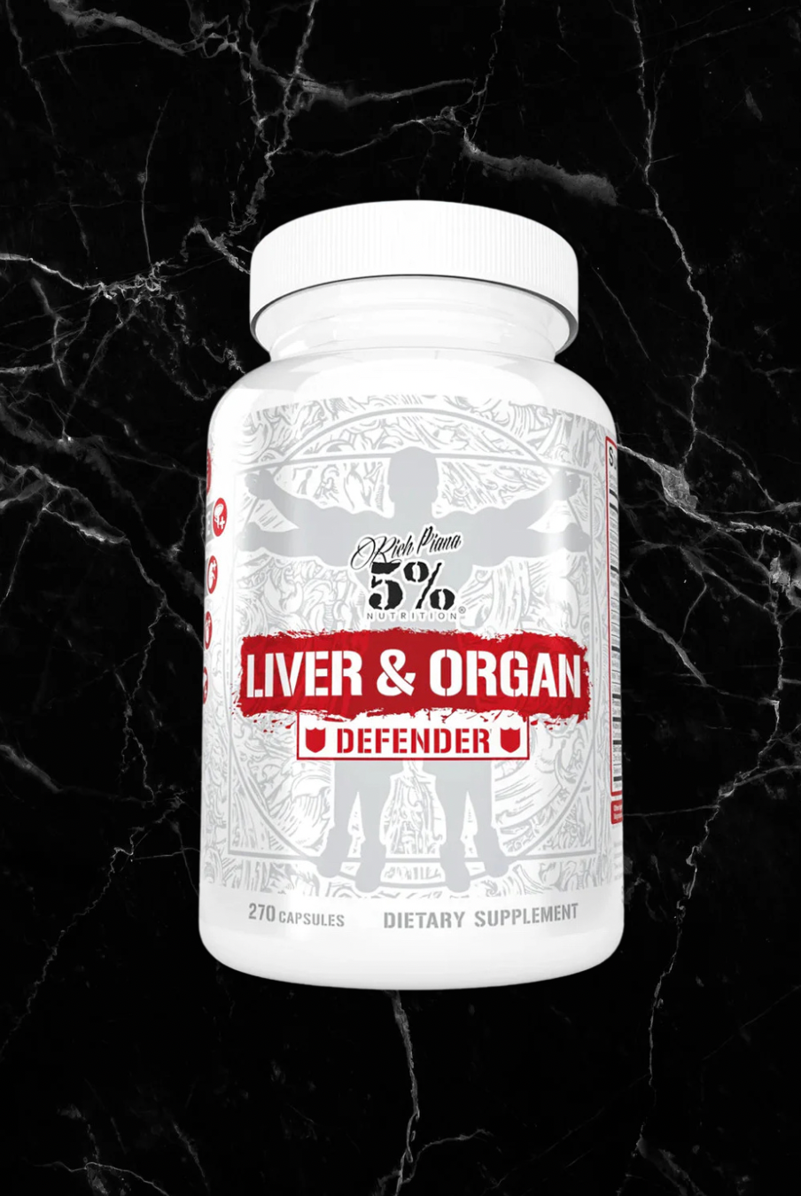 Liver Support Supplement - Rich Piana 5% Nutrition Liver & Organ Defender bottle with 270 capsules, ideal for athletes and bodybuilders.