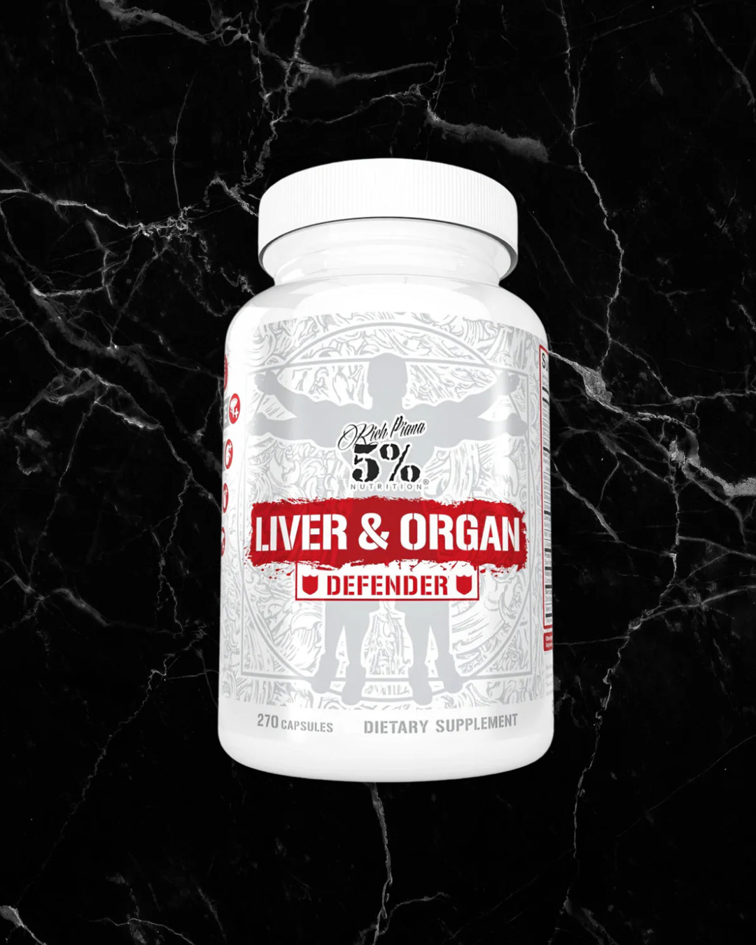 Liver Support Supplement - Rich Piana 5% Nutrition Liver & Organ Defender bottle with 270 capsules, ideal for athletes and bodybuilders.