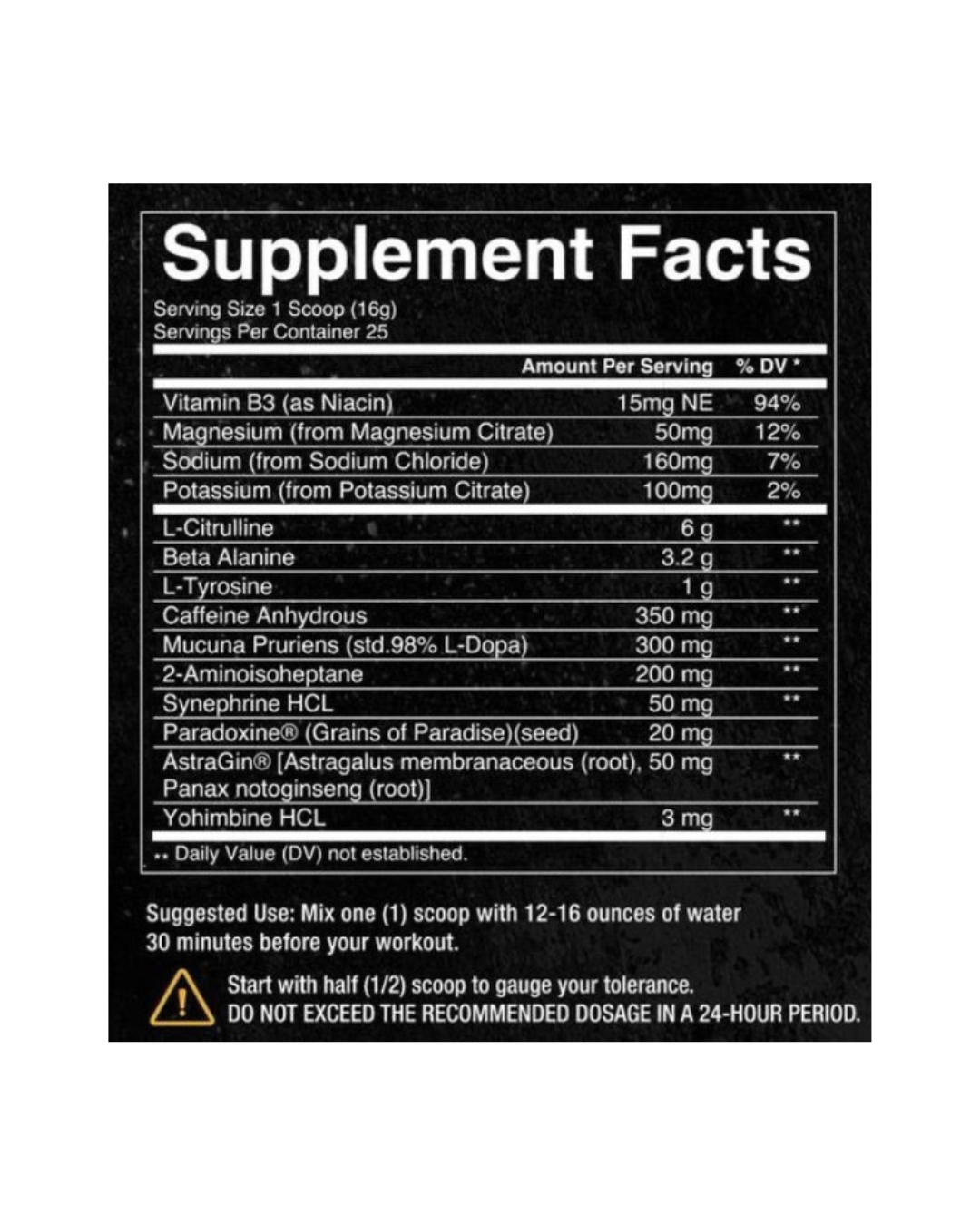 Supplement Facts label for Condemned Convict High Stim Pre-Workout, detailing ingredients like L-Citrulline, Beta Alanine, and Yohimbine HCL.