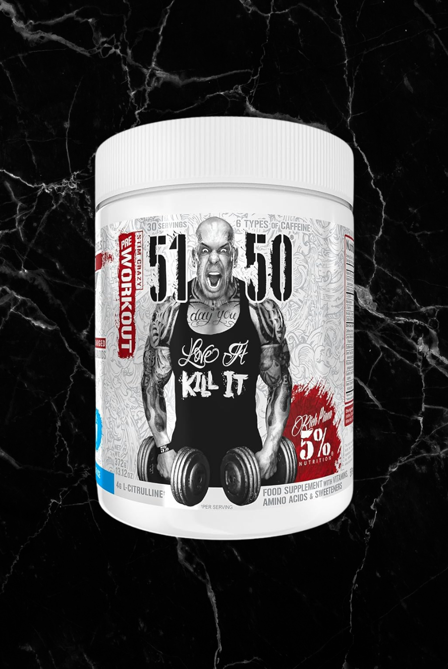 Rich Piana 5% Nutrition 5150 Pre-Workout tub with signature artwork and extreme stimulant formula, ideal for high-performance workouts.