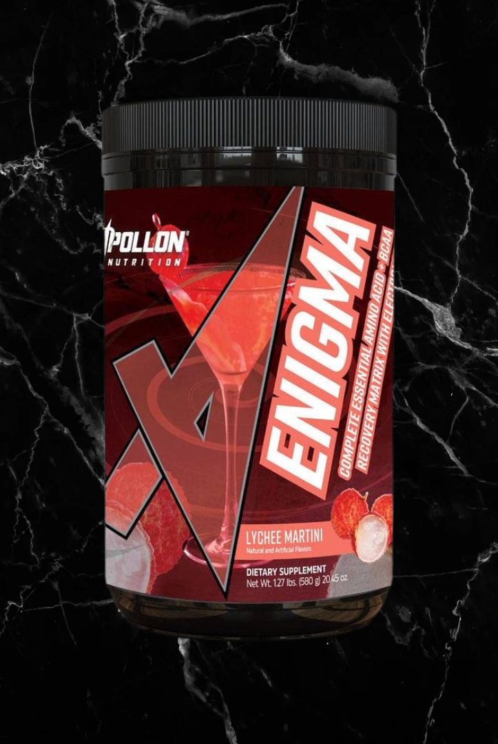 Enigma EAA BCAA Recovery Drink with Electrolytes in Lychee Martini flavor by Apollon Nutrition. Designed for muscle growth and post-workout hydration.