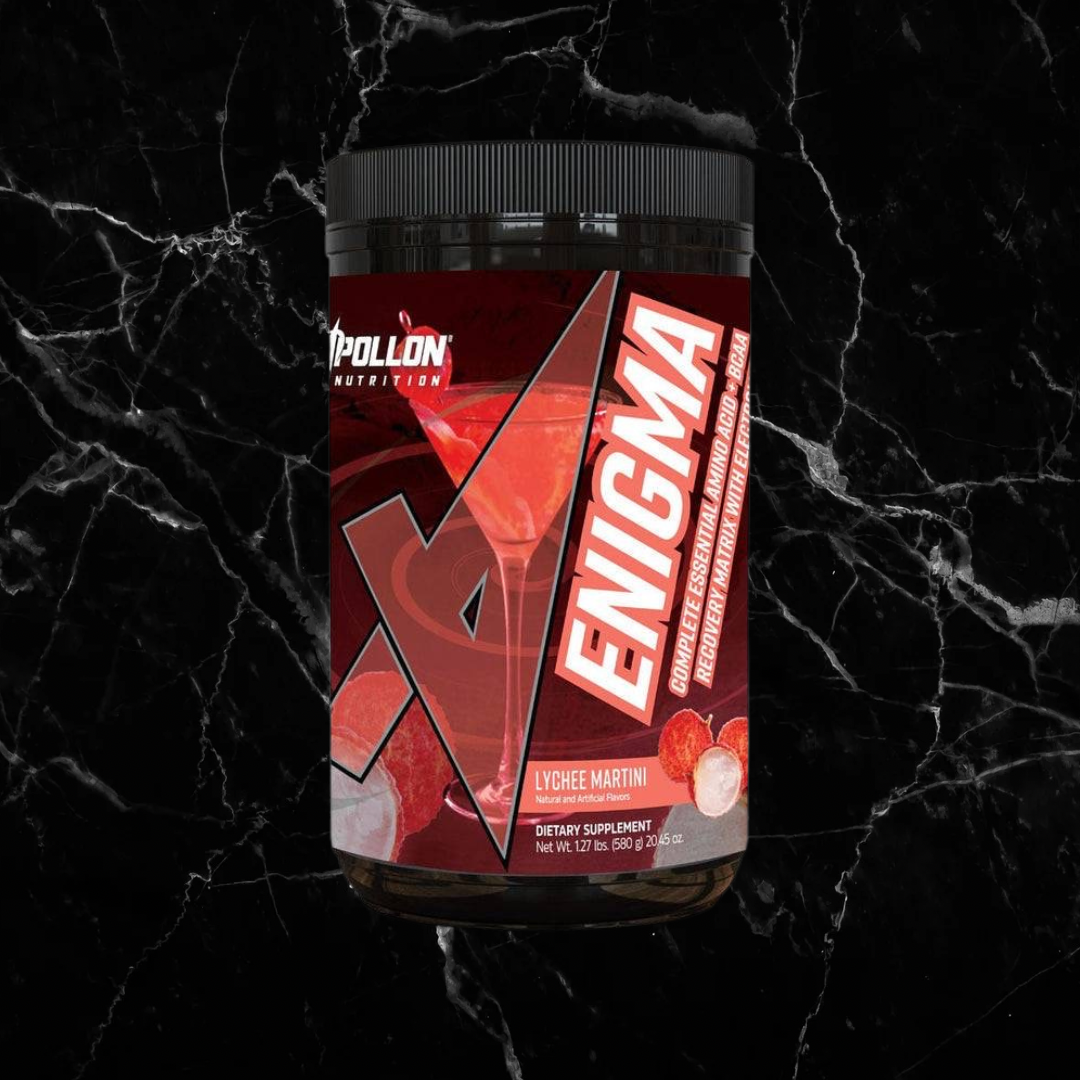 Enigma EAA BCAA Recovery Drink with Electrolytes in Lychee Martini flavor by Apollon Nutrition. Designed for muscle growth and post-workout hydration.