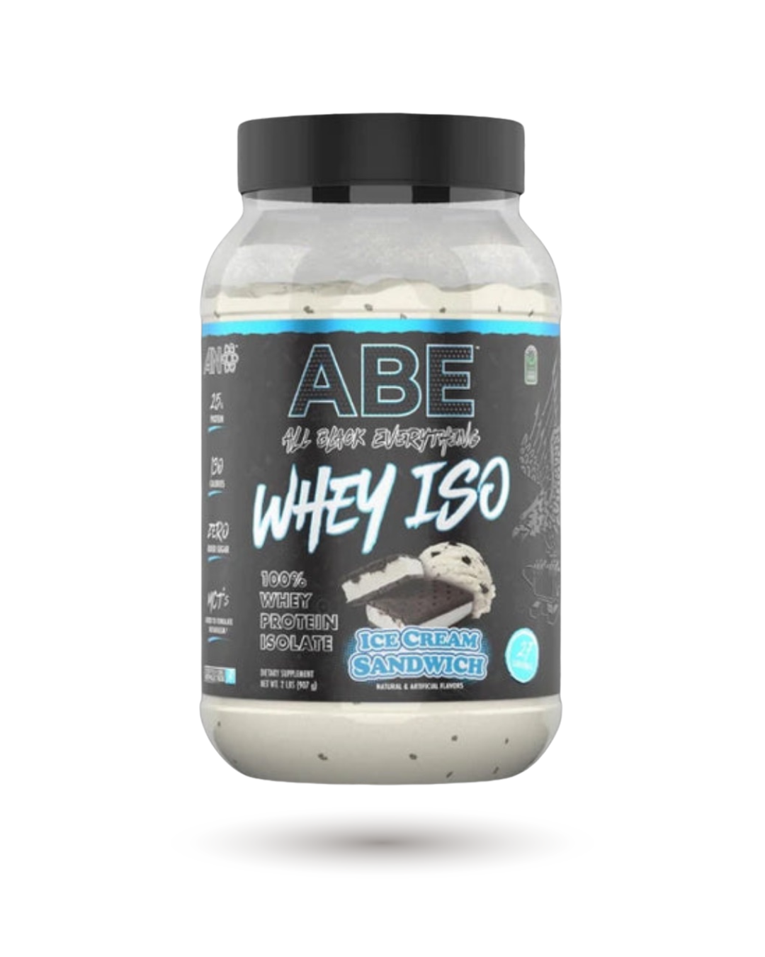 ABE Whey ISO Ice Cream Sandwich flavor protein isolate, 100% whey, low-carb, sugar-free, supports lean muscle and metabolism boost.