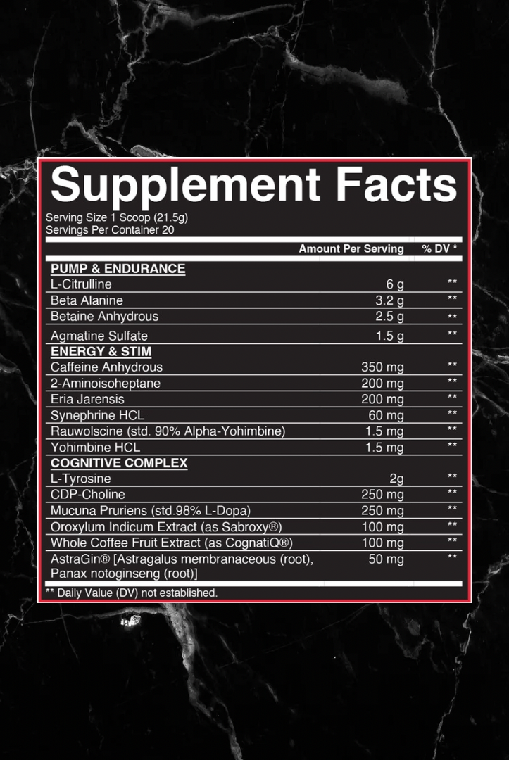 Supplement facts label for Souls 4 Sale Golden Grapefruit Pre-Workout showing ingredients like L-Citrulline, Beta Alanine, and Yohimbine HCL.