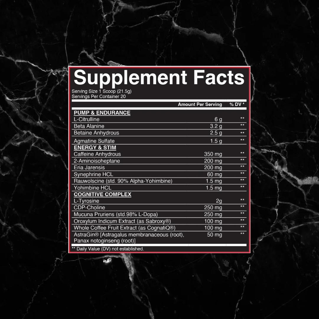 Supplement facts label for Souls 4 Sale Golden Grapefruit Pre-Workout showing ingredients like L-Citrulline, Beta Alanine, and Yohimbine HCL.
