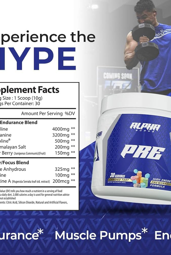 Alpha Supps Candied Tart Pre-Workout with supplement facts and athlete lifting weights, promoting endurance, pumps, and energy.