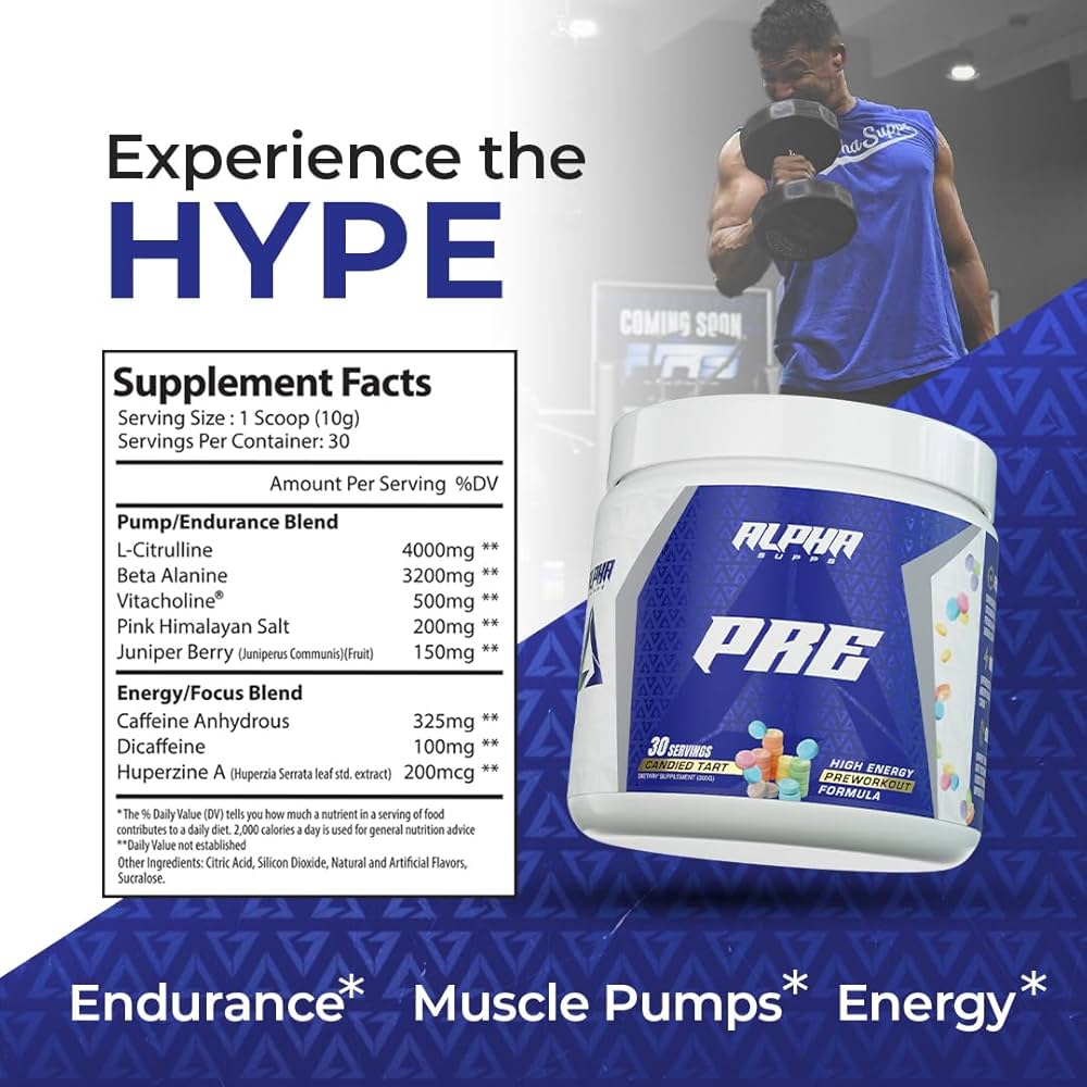 Alpha Supps Candied Tart Pre-Workout with supplement facts and athlete lifting weights, promoting endurance, pumps, and energy.
