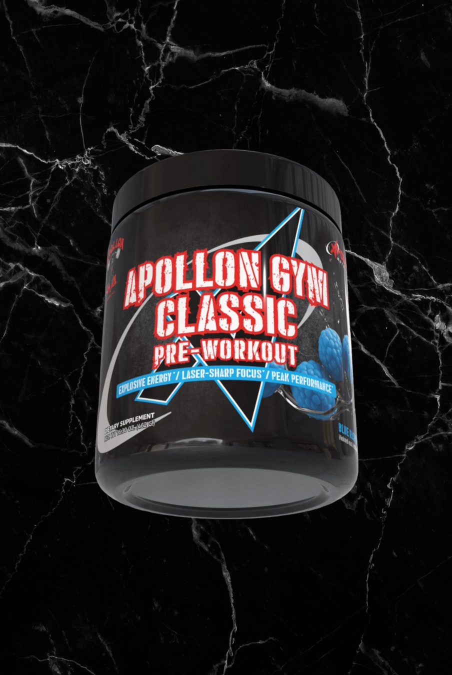 Apollon Gym Classic Pre Workout in blue raspberry flavor, offering a powerful blend of ingredients for enhanced workout energy and endurance.