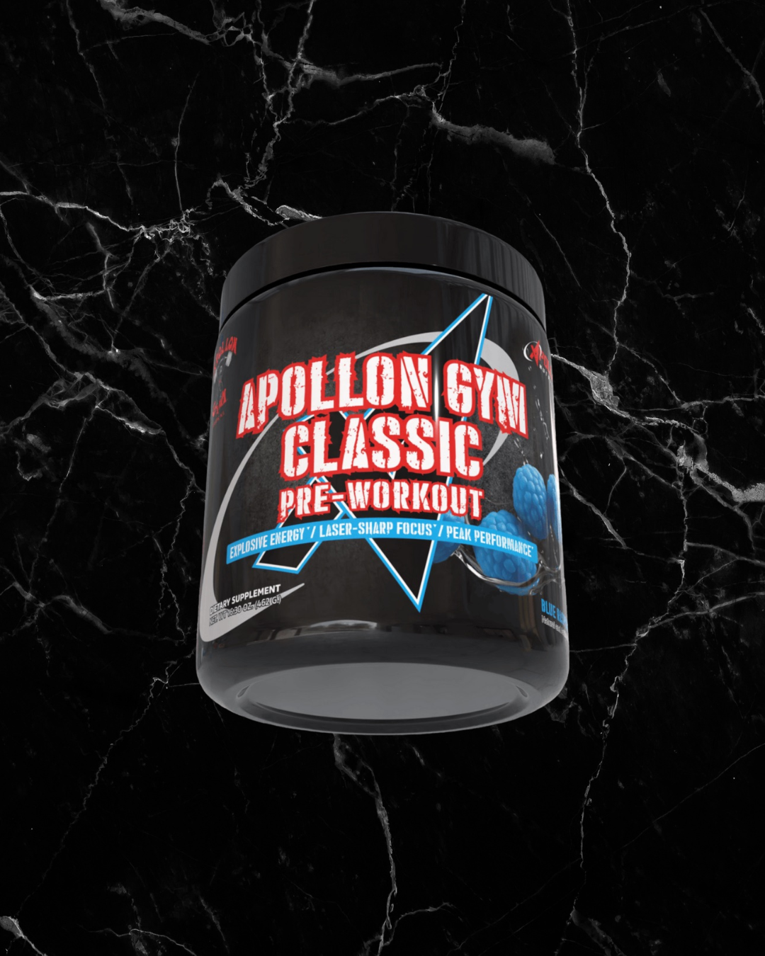 Apollon Gym Classic Pre Workout in blue raspberry flavor, offering a powerful blend of ingredients for enhanced workout energy and endurance.