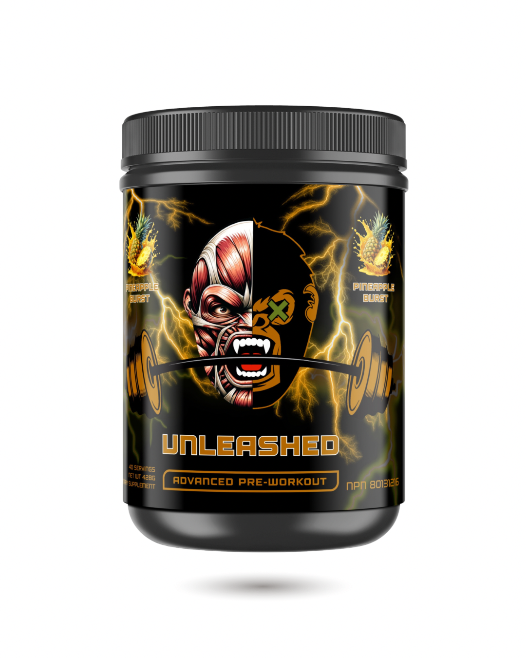 APE-X Pre Workout - Advanced Supplement in Pineapple Burst flavor featuring high-stim formula and fierce ape branding for endurance boost.